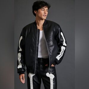Like new black faux leather skeleton bomber jack